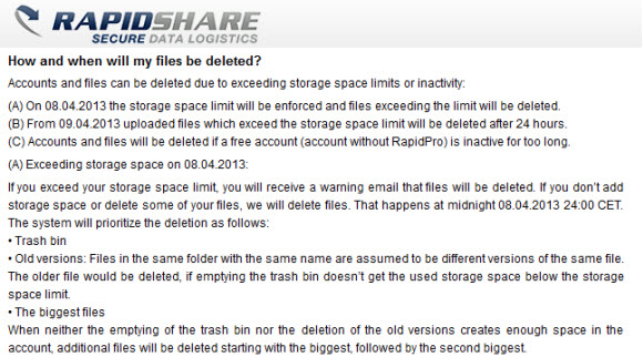 RapidShare data deletion