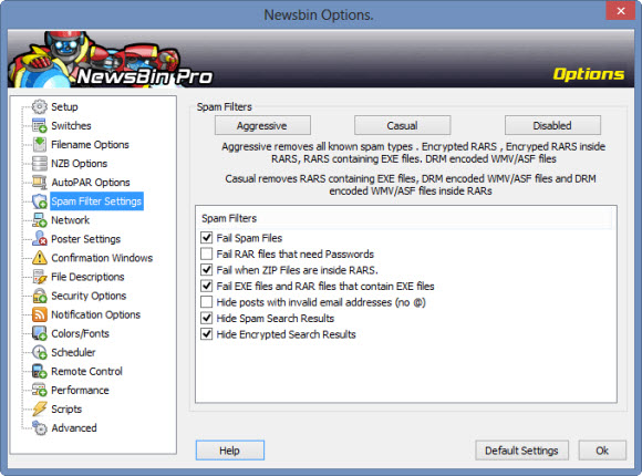 Newsbin spam filter settings